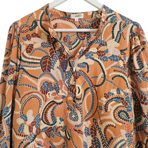 ALC Marci Long Sleeve Top Puff Sleeve Orange Teal Psychedelic Print Women's US 6 - Picture 4 of 12